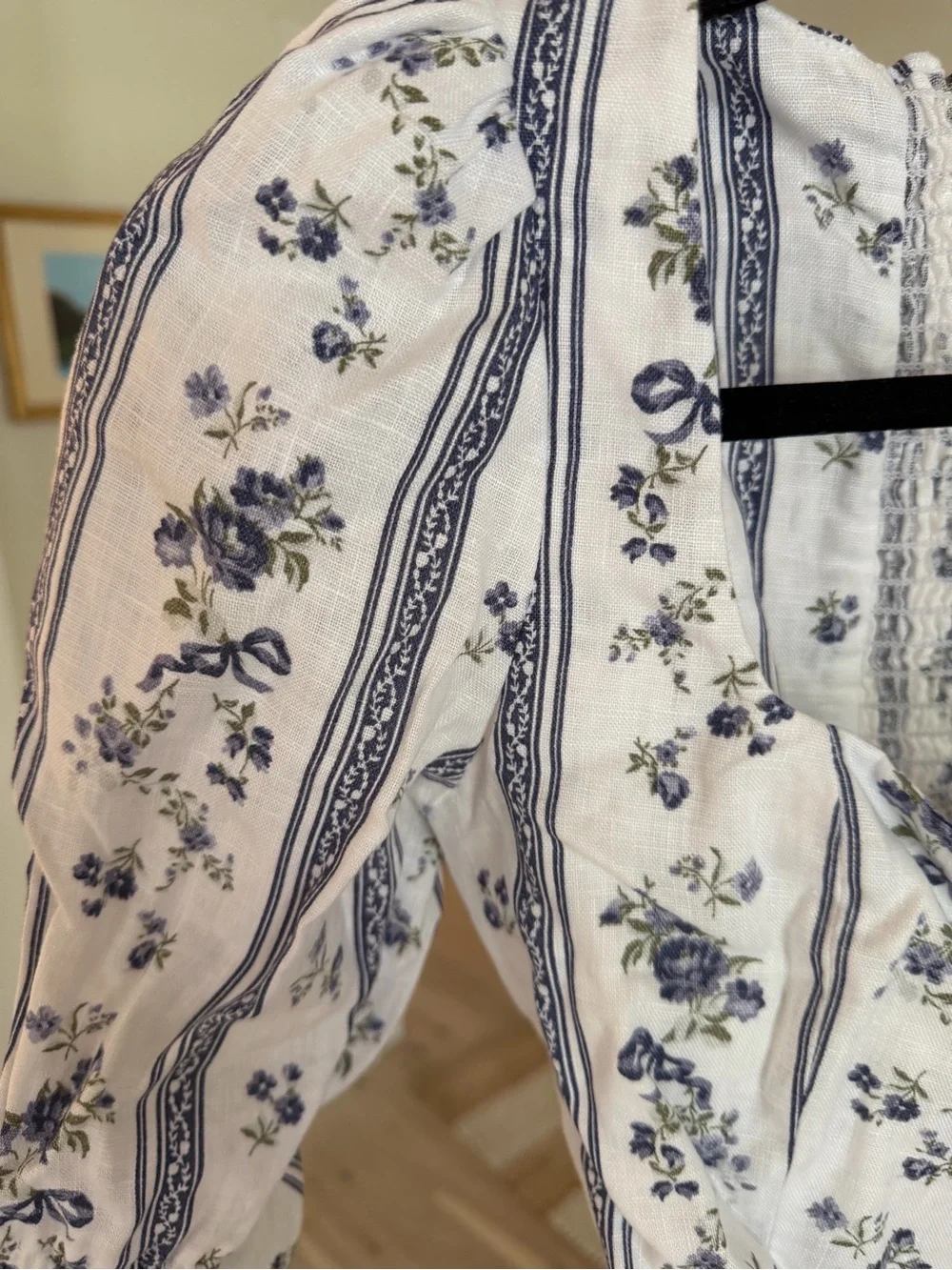 Reformation White Top with Blue Floral Stripe Square Neck
